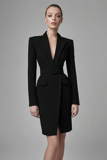 Black Peak Lapel Bodycon Midi Work Dress with Sleeves